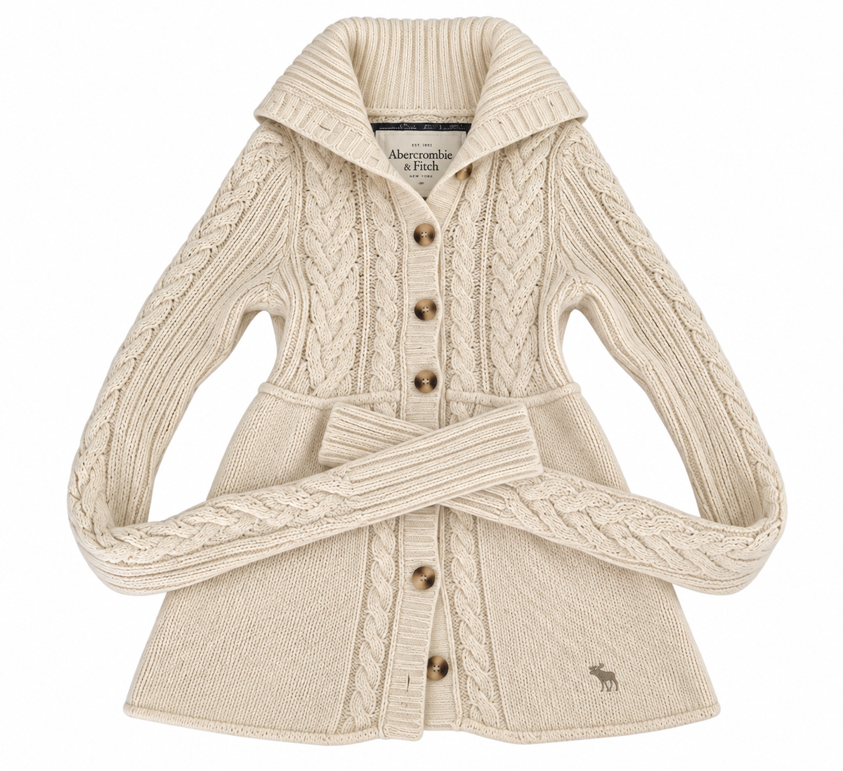 Ivory Cable-Knit Shawl Collar Cardigan