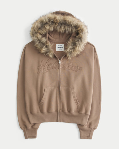Feel Good Faux Fur Trim Logo Zip-Up Hoodie And Baggy Sweatpants