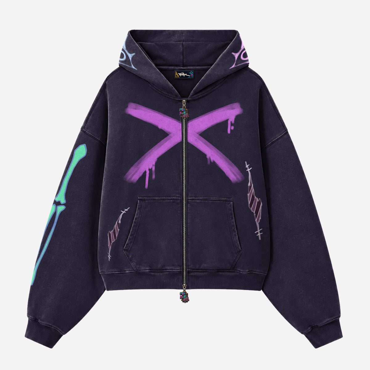 Grunge Streetwear Collection: Cross Graffiti Cropped Zip-Up Hoodie 1