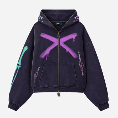 Grunge Streetwear Collection: Cross Graffiti Cropped Zip-Up Hoodie 1