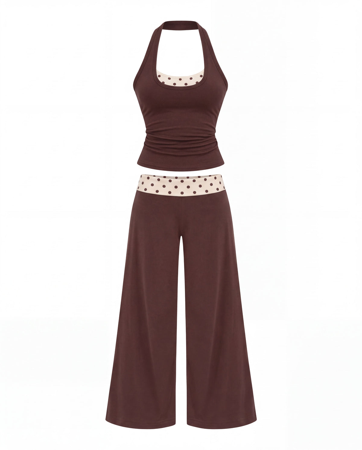 Y2K Halter Activewear Set in Brown Polka Dot 2